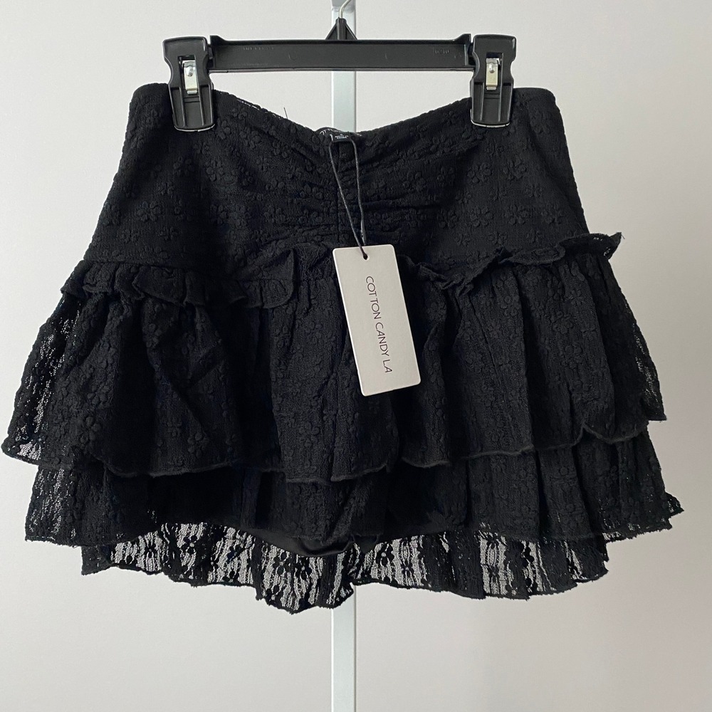 Cotton Candy LA Boho Fairy Ruffle Tiered Lace Mini Skirt‎ S Black Party Festival